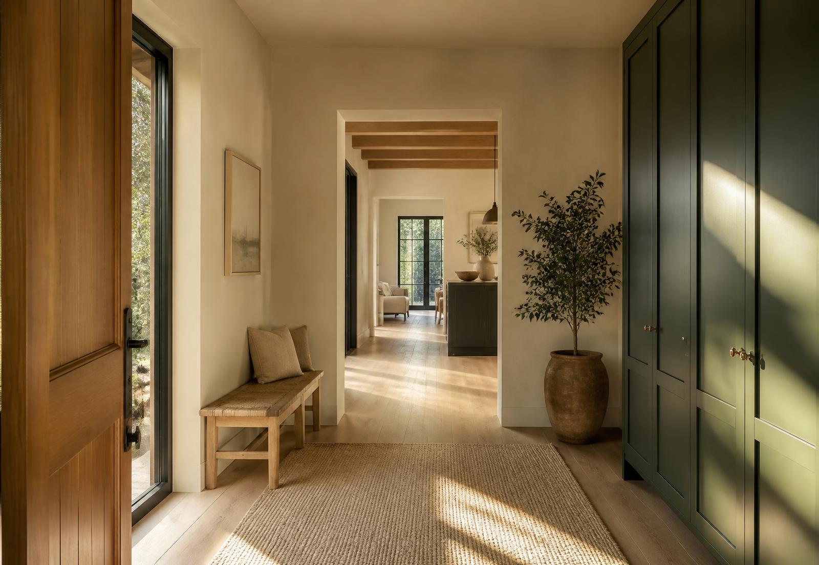 Sunlit hallway of a warm modern home with a step-free entry and wide doorways